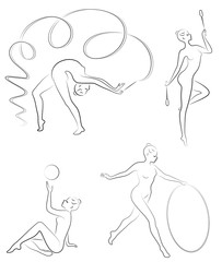 Collection. Rhythmic gymnastics. Silhouette of a girl with maces, ball, ribbon, hoop. Beautiful gymnast. The woman is slim and young. Vector illustration of a set
