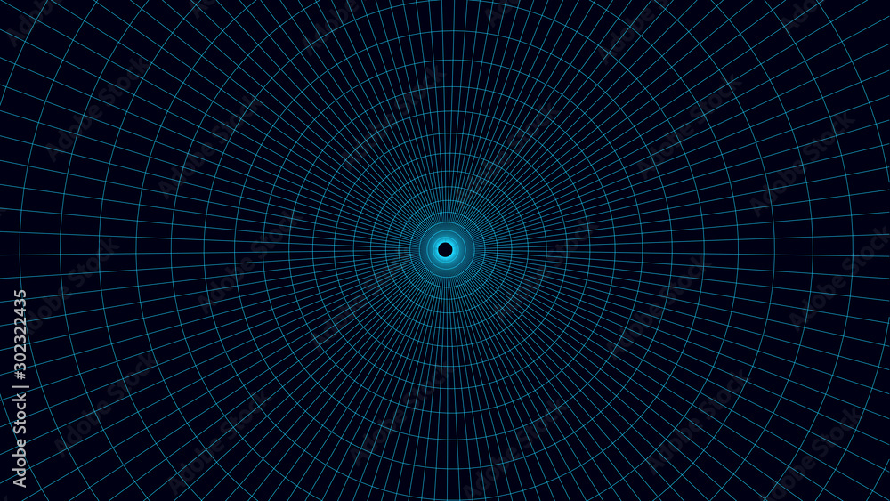 Poster wireframe abstract tunnel. perspective grid with a circular structure. 3d vector wormhole with a mes