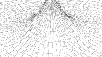 Wireframe abstract tunnel with divided squares. 3D vector wormhole with a mesh structure.