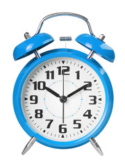 Blue retro alarm clock, with a large dial, isolated on white background. The concept of time, delay, morning rise, the appointed meeting. Close up shot.