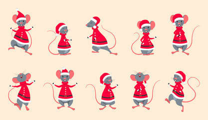 Rats Santa Claus. Funny Christmas Characters in Different Poses
