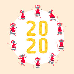 Happy New Year 2020 with Symbol Rats. Figures From Cheese Texture