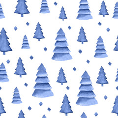 Watercolor hand drawn seamless pattern with blue indigo trees. Hand drawn pines isolated on white background