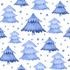 Cute blue watercolor seamless pattern with blue indigo fir trees. Cute snowy New Year forest texture for textile, wrapping paper, background design