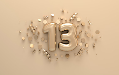 Golden 3d number 13 with festive confetti and spiral ribbons. Poster template for celebrating 13 anniversary event party. 3d render - obrazy, fototapety, plakaty