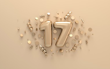 Golden 3d number 17 with festive confetti and spiral ribbons. Poster template for celebrating 17 anniversary event party. 3d render - obrazy, fototapety, plakaty