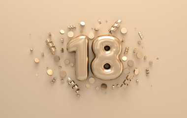 Golden 3d number 18 with festive confetti and spiral ribbons. Poster template for celebrating 18 anniversary event party. 3d render
