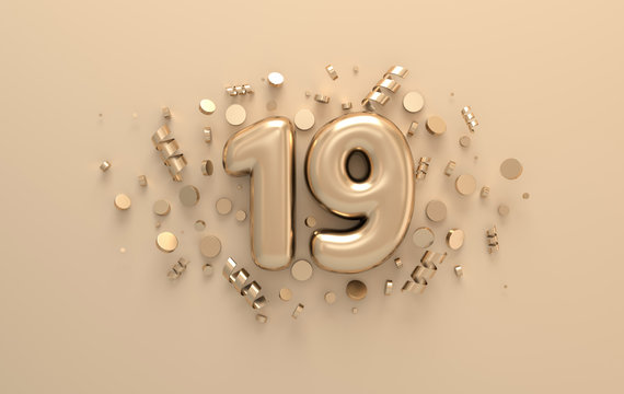 Golden 3d number 19 with festive confetti and spiral ribbons. Poster template for celebrating 19 anniversary event party. 3d render