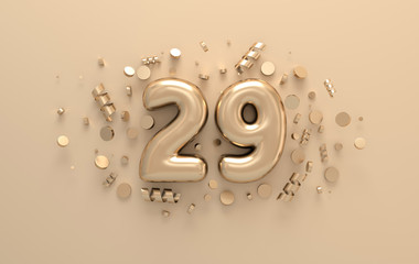Golden 3d number 29 with festive confetti and spiral ribbons. Poster template for celebrating 29 anniversary event party. 3d render