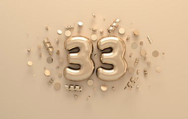 Golden 3d number 33 with festive confetti and spiral ribbons. Poster template for celebrating 33 anniversary event party. 3d render