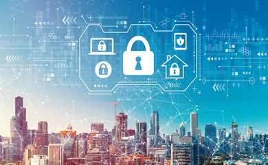 Security theme with downtown Chicago cityscape skyscrapers