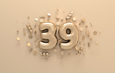 Golden 3d number 39 with festive confetti and spiral ribbons. Poster template for celebrating 39 aniversary event party. 3d render