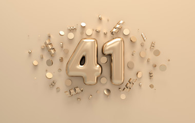 Golden 3d number 41 with festive confetti and spiral ribbons. Poster template for celebrating 41 anniversary event party. 3d render - obrazy, fototapety, plakaty