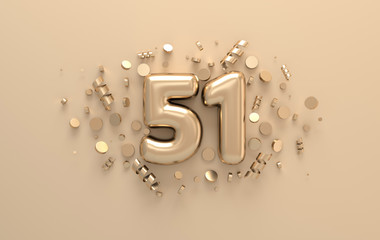Golden 3d number 51 with festive confetti and spiral ribbons. Poster template for celebrating 51 aniversary event party. 3d render