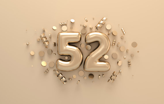 Golden 3d number 52 with festive confetti and spiral ribbons. Poster template for celebrating 52 aniversary event party. 3d render