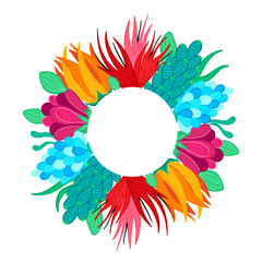 Obraz premium Frame with beautiful colorful flowers. Speckled petals. Hand-drawn plants. Floral arrangement. Composition for design of card, wedding invitation, poster, flyer, print on clothes, banner. Vector