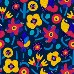 Fototapeta na wymiar Vector seamless pattern. Abstract hand drawn flowers with different textures. Floral composition. Freehand style. Artistic design for wallpaper, textiles, wrapping, card, print on clothes, packaging
