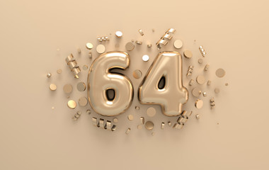 Golden 3d number 64 with festive confetti and spiral ribbons. Poster template for celebrating 64 aniversary event party. 3d render