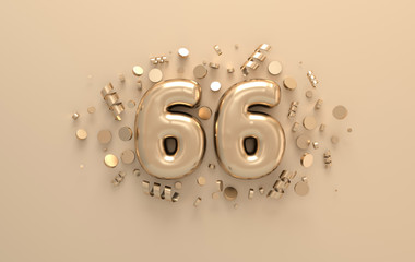 Golden 3d number 66 with festive confetti and spiral ribbons. Poster template for celebrating 66 aniversary event party. 3d render