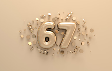 Golden 3d number 67 with festive confetti and spiral ribbons. Poster template for celebrating 67 aniversary event party. 3d render