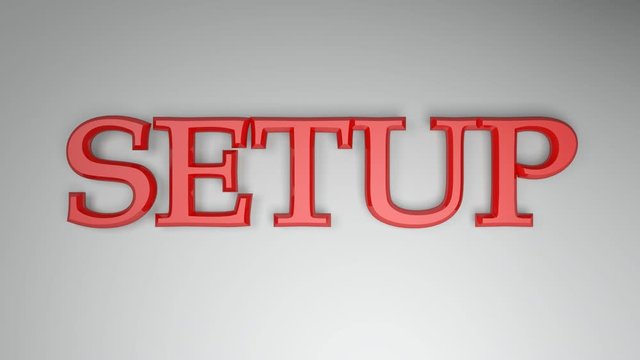 The write SETUP in red letters on a white background, with two horizontal lines going from one side to the other and back - 3D rendering video clip