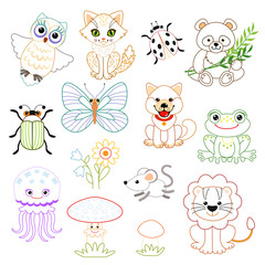 Set of funny characters: animals, birds, insects, plants. Coloring book. Vector illustration for kids.
