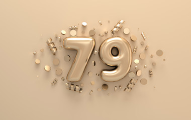 Golden 3d number 79 with festive confetti and spiral ribbons. Poster template for celebrating 79 aniversary event party. 3d render - obrazy, fototapety, plakaty