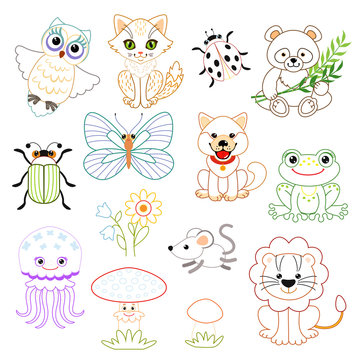 Set of funny characters: animals, birds, insects, plants. Coloring book. Vector illustration for kids.