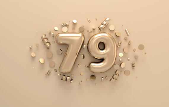 Golden 3d number 79 with festive confetti and spiral ribbons. Poster template for celebrating 79 aniversary event party. 3d render