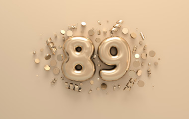 Golden 3d number 89 with festive confetti and spiral ribbons. Poster template for celebrating 89 aniversary event party. 3d render