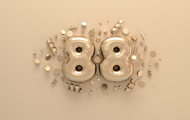 Golden 3d number 88 with festive confetti and spiral ribbons. Poster template for celebrating 88 aniversary event party. 3d render