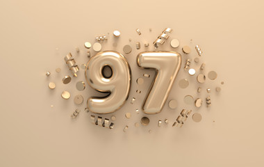 Golden 3d number 97 with festive confetti and spiral ribbons. Poster template for celebrating 97 aniversary event party. 3d render - obrazy, fototapety, plakaty