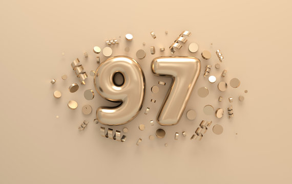 Golden 3d number 97 with festive confetti and spiral ribbons. Poster template for celebrating 97 aniversary event party. 3d render