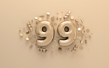 Golden 3d number 99 with festive confetti and spiral ribbons. Poster template for celebrating 99 aniversary event party. 3d render