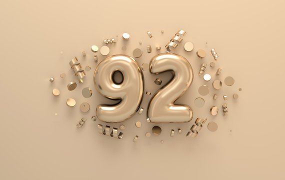Golden 3d number 92 with festive confetti and spiral ribbons. Poster template for celebrating 92 aniversary event party. 3d render