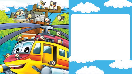Obraz na płótnie Canvas cartoon scene with cityscape with helicopter flying or landing with frame for text - illustration for children