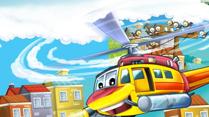cartoon scene with cityscape with helicopter flying or landing with frame for text - illustration for children