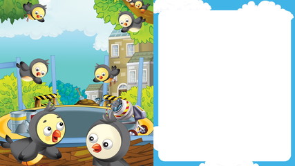 cartoon scene with cityscape and birds flying or landing with frame for text - illustration for children
