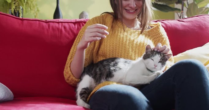 Close-up cheerful young woman sitting on sofa with beautiful cute cat. Happy caucasian girl stroking her adorable pet kitten in living room. Home concept.