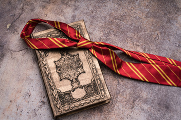 Subjects of the school of magic. Scarf, magic wand, book of spells, pumpkin