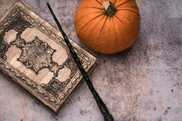 Subjects of the school of magic. Scarf, magic wand, book of spells, pumpkin