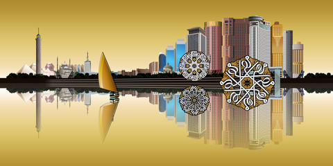 Cairo city on the Nile, skyline on a maroon backdrop depicting main building landmarks.. Arabic text: Egypt