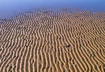 Sand ripples detail, textured sand shapes close up, at low tide.