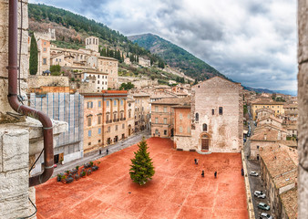 Aerial view of Piazza Grande, main square in Gubbio, Italy