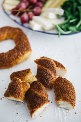 Turkish fast food bagel called Simit.  Turkish bagel Simit with sesame. Bagel is traditional Turkish bakery food.