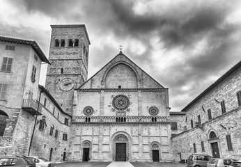 Exterior view of the medieval Cathedral of Assisi, Italy