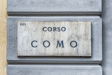 Street sign for Corso Como, iconic street in Milan, Italy