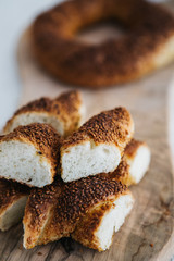 Turkish fast food bagel called Simit.  Turkish bagel Simit with sesame. Bagel is traditional Turkish bakery food.
