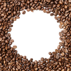 Flat lay photo of coffe beans pile with circular white empty space in the middle