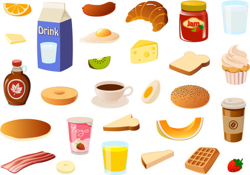 Vector illustration of various breakfast food items and products